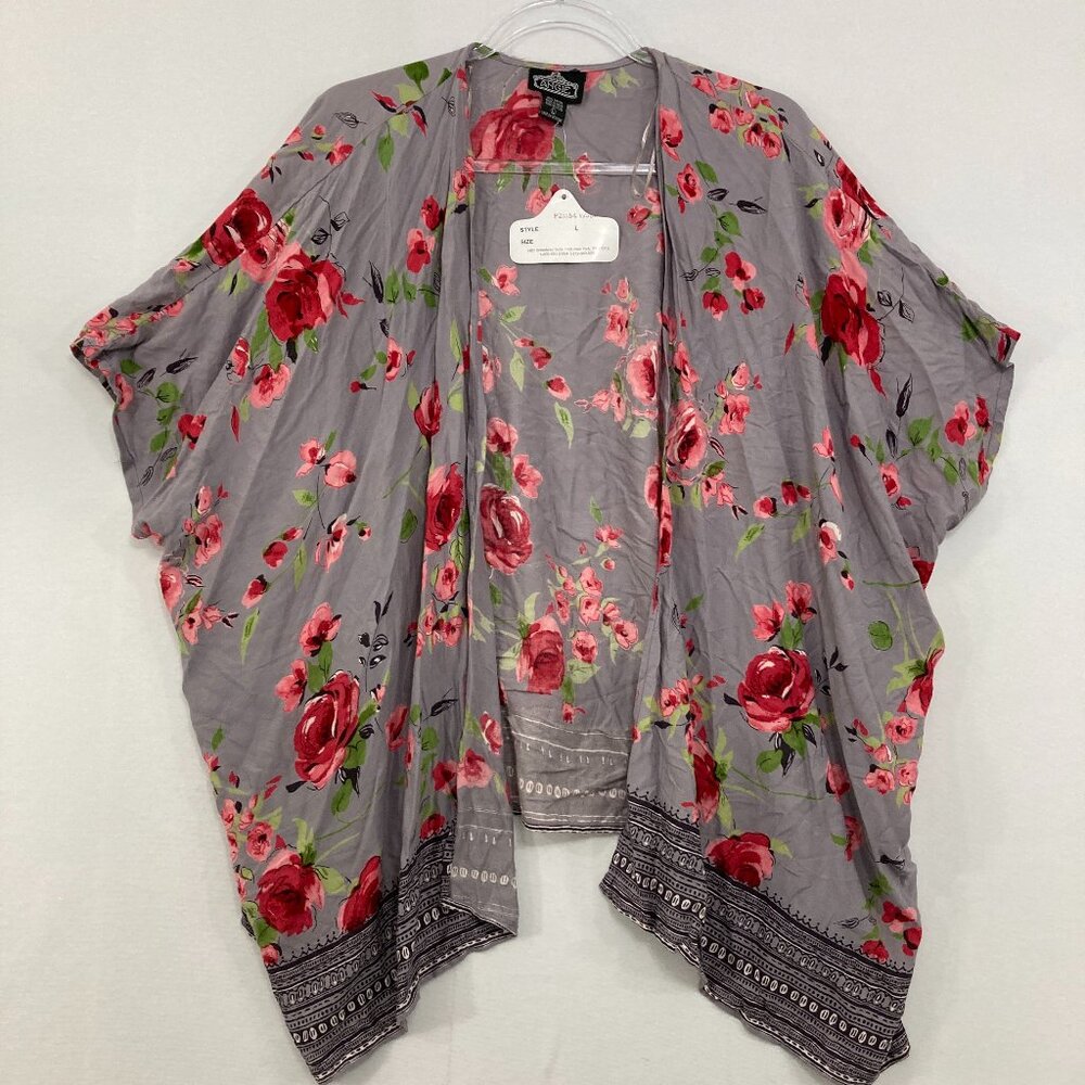 New Angie size Large Gray Red‎ Floral Open Soft Flowy Duster Kimono Feminine